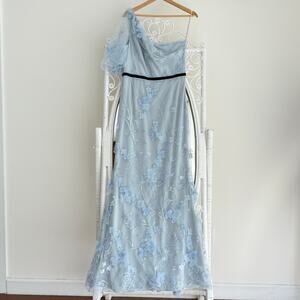 Marchesa Notte Gown 12 Blue Floral Embroidered Applique Maxi Dress One Shoulder